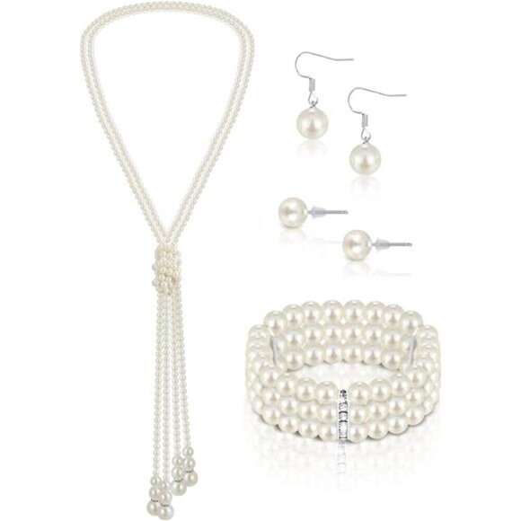 Vintage Pearl Rhinestone Jewelry Set for Women Pearl Necklace Bracelet Earrings - Picture 1 of 6